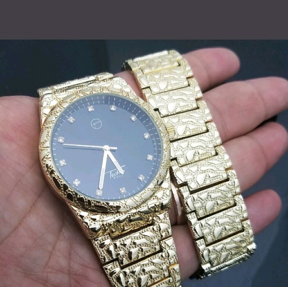 14K GOLD PLATED ICED OUT WATCH BRACELET SET - Picture 1 of 4